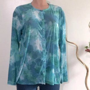 LOGO BY LORI GOLDSTEIN BLUE & GREEN TIE DYE MESH BUTTON DOWN CARDIGAN